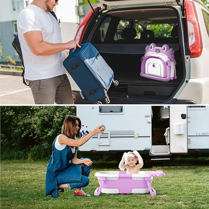 Collapsible Baby Bathtub for Infants to Toddler with Real-time Temp Monitor+Floating Cushion,Foldable Baby Bath Tub Set Applicable 0-36 Month,Portable Travel Bathtub for Newborns Girl (Purple)-CubbioJoy