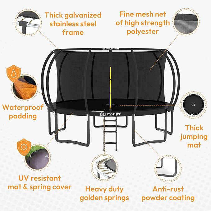 JUMPZYLLA Trampoline Outdoor 8FT 10FT 12FT 14FT 15FT 16FT with Enclosure and Ladder, ASTM Approved Recreational Trampoline for Kids and Adults, Anti-Rust Coated Frame-CubbioJoy