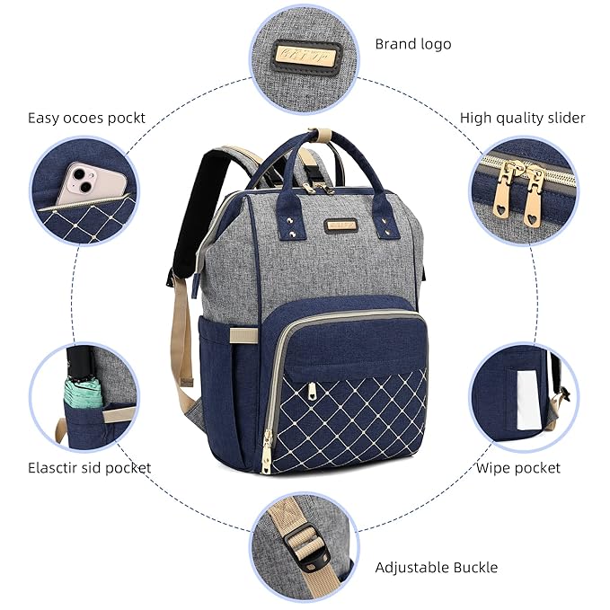 Diaper Bag Backpack, Diaper Bags for Baby Girls Boys, Baby Bags for Moms Dads, Nappy Changing Bag with Insulated Pockets,Multi-functional Waterproof Backpack with Stroller straps- Light Grey Blue-CubbioJoy
