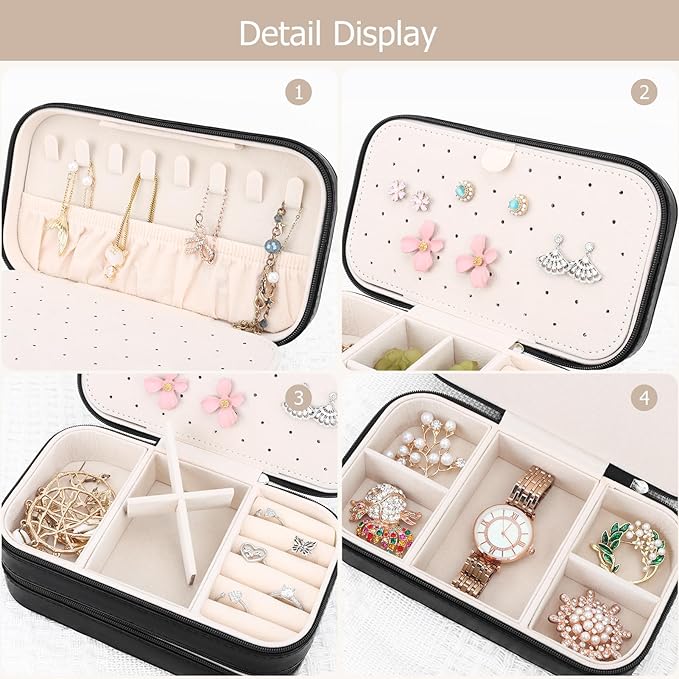 DesignSter Small Travel Jewelry Box with Double Zipper, 2 Layers PU Portable Jewelry Case for Women and Girls,Travel Jewelry Organizer for Rings, Earrings, Necklaces, Bracelets,Black-CubbioJoy