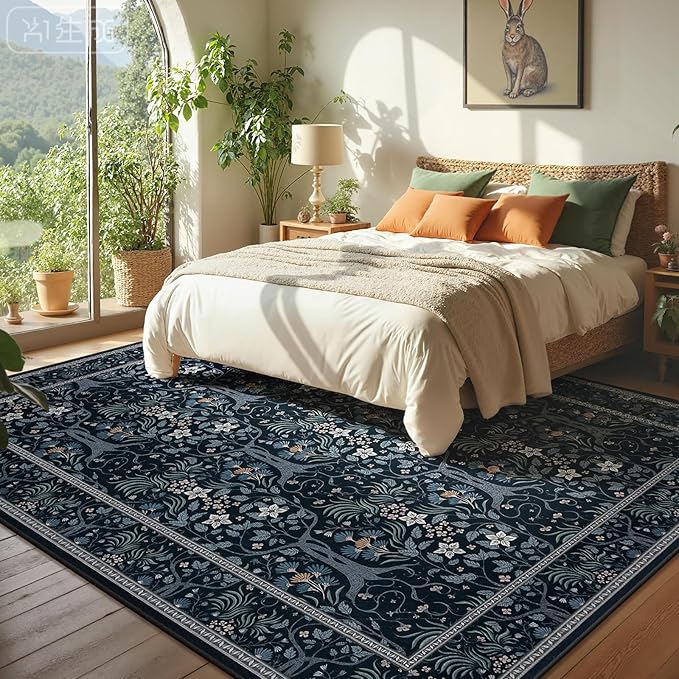 Joydeco Floral Living Room Rugs, Washable Large Bedroom Rug 8x10 Under Bed Non Slip, Soft Forest Botanical Low-Pile Floor Indoor Throw Carpet for Dining Table Home Office, Blue-Black-CubbioJoy