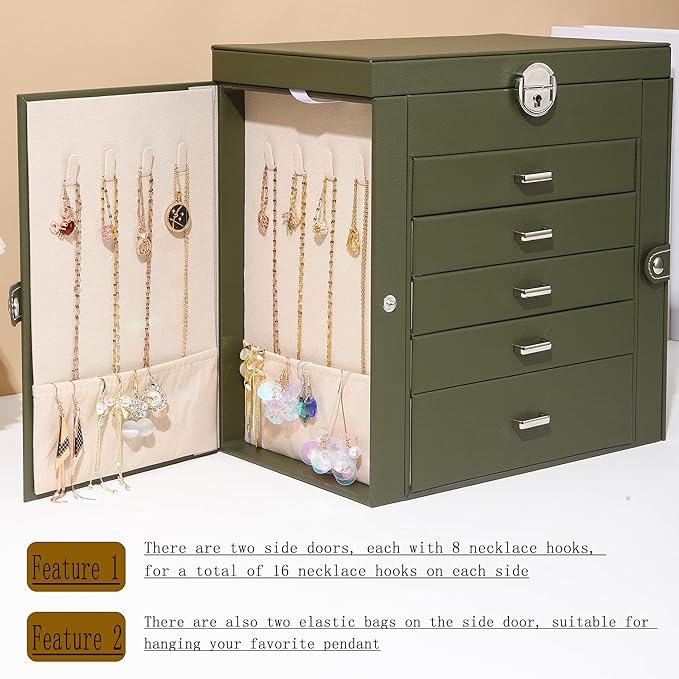 BOOVO Jewelry Box For women, 6 Layer Large Jewelry Organizer With Mirror, Multi-Function Storage Box With Lock, Accessory Holder With 5 Drawers, For Earrings Necklace Ring Bracelet (Army green)-CubbioJoy