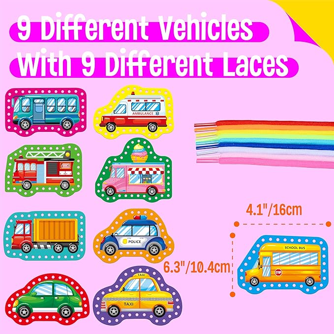 9 Pieces Kids Lacing Cards, Double Sided Sewing Cards in 9 Vehicle Cards with 9 Colorful Laces, Imagination Development Lacing Toys Games for Children Educational and Learning Activity-CubbioJoy