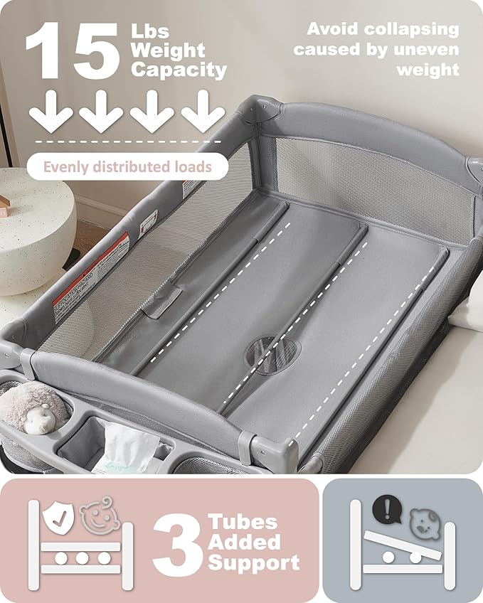 AirClub 4 in 1 Baby Bassinet Bedside Sleeper, 4 Functions Crib, Playard, Portable Changing Table, Bassinet for Newborn Baby, Bedsaide Bed w/Wheels&Brakes-CubbioJoy