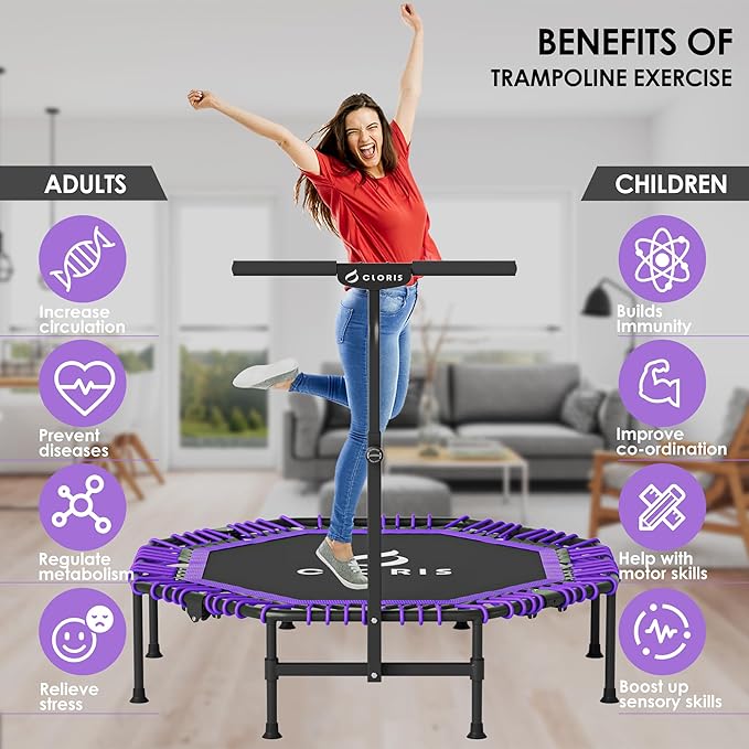 CLORIS 38in/48in Folding Trampoline - Max Load 220lbs / 450lbs Mini Trampoline Rebounder Trampoline for Adults with Adjustable Foam Handle, with safty Padded Cover Best Gift for Kids/Adult-CubbioJoy