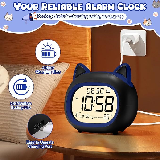 Kids Alarm Clock with Night Light for Kids, Small Digital Alarm Clocks for Bedrooms, Routine Builder, Cute Cat Alarm Clock with Sleep Training, Snooze, 12/24H, Date & Day, Temperature, USB Port-CubbioJoy