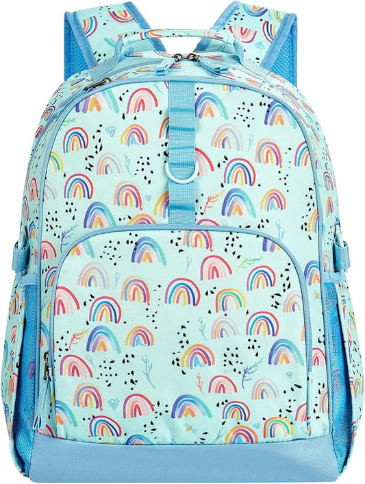 Choco Mocha Rainbow Backpack for Girls, Elementary School Backpack for Girls Ages 6-8 Kids Kindergarten Backpack Bookbag 17 Inch with Chest Strap, Blue-CubbioJoy