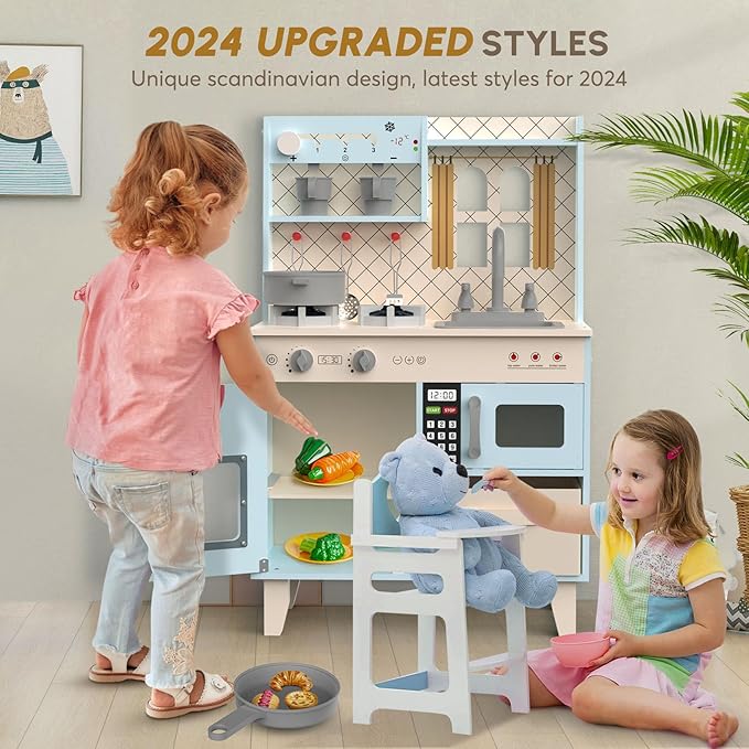BIERUM Play Kitchen with Realistic Lights & Sounds, Wooden Kitchen Playset Chef Pretend Play Set for Toddlers, Toy Kitchen with 26 Pcs Toy Food & Cookware Accessories, Gift for Ages 3+-CubbioJoy