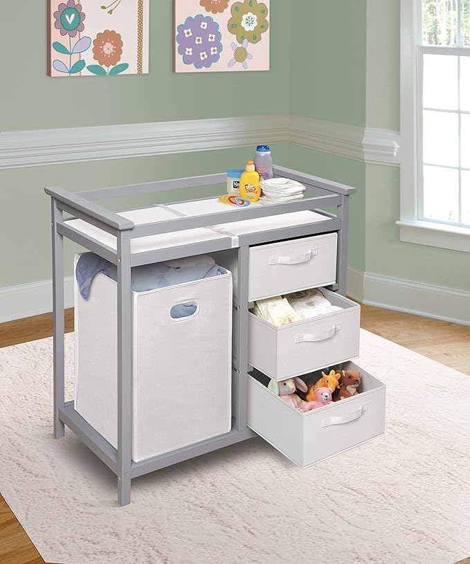 Badger Basket Modern Baby Changing Table - Nursery Furniture with Laundry Hamper and 3 Storage Drawers - Diaper Changing Station with Safety Belt, Changing Pad, Organizer Baskets - Cool Gray and White-CubbioJoy