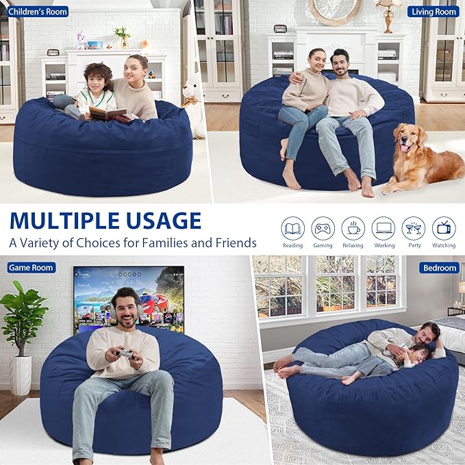 4FT Bean Bag Chair, Large Bean Bag Chairs with Memory Foam Filled, Fluffy Beanbag Sofa with Dutch Velvet Cover, Round BeanBag Chairs for Living Room, Playroom - Blue-CubbioJoy
