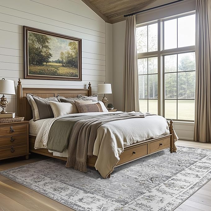 jinchan Washable Area Rug 8x10 for Living Room Soft Faux Wool Ultra-Thin Stain Resistant Non-Slip Distressed Vintage Floral Large Carpet for Bedroom,Dining Room,Home Office,Nursery(Grey, 8'x10')-CubbioJoy