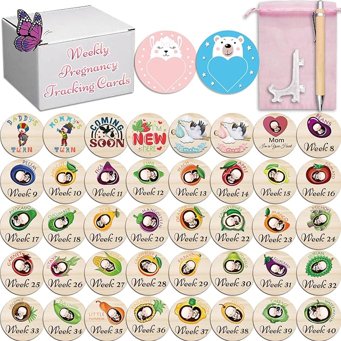 42 Designs Pregnancy Weekly Milestone Signs - Wooden Weekly Baby Bump Tracker Milestone Discs - Trimester Pregnancy Must Haves - Essential Gifts for Mommy to Be (Pregnancy Milestones Cards)-CubbioJoy