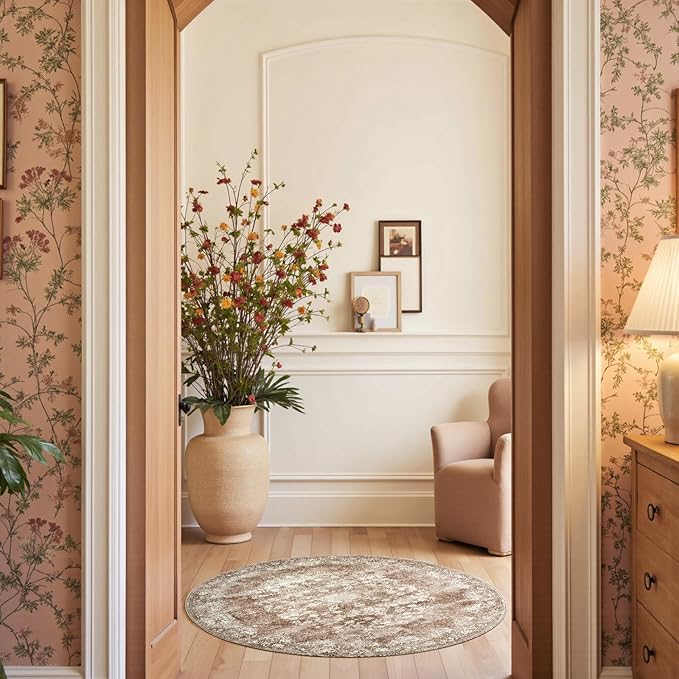 jinchan Round Rug 4ft Area Rug - Brown Vintage Floor Mat Kitchen Indoor - Washable Circle 4' Thin Floral Print Carpet Retro Farmhouse Non Slip Dining Room Living Room Bedroom Office-CubbioJoy