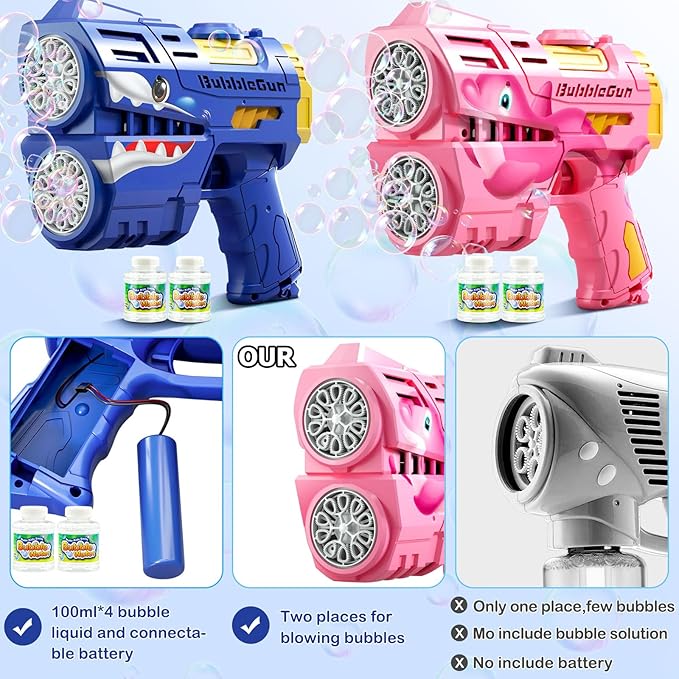 2 Pack Bubble Guns for Kids, LED Light Up Rechargeable Bubbles Machine Blower with 4 Bottles Refill Solution, Toddlers 4-8 Wedding Birthday Easter Party Gift-CubbioJoy