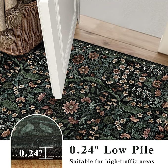 3x5 Black Boho Floral Vintage Area Rug,Soft Lightweight Low Pile Non-Shedding Carpet,Machine Washable Stain Resistant & Non-Slip for Entryway,Bedroom, Kids Room,Living Room-CubbioJoy