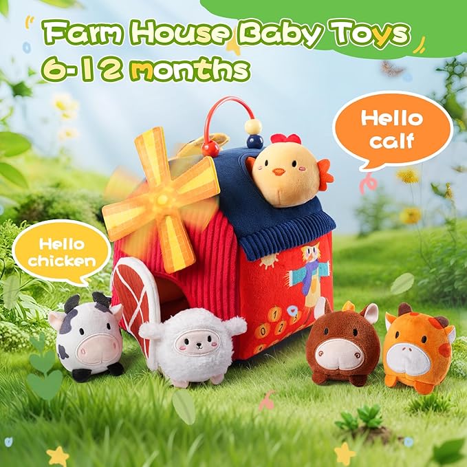 Baby Toys 6-12 Months, Montessori Sensory Toys, My First Farm House Toy with 6 Stuffed Animals,Rotating Windmill & Sunflower Crinkle, Rattle, Fun Mirror Fine Motor Skills Development,Baby Gift-CubbioJoy