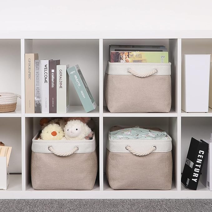 Bidtakay Large Fabric Baskets with Handles [3-Pack] Collapsible Storage Basket for Shelves 15 X 11 X 9.5 inches Canvas Bins for Closet Organization (White&Beige)-CubbioJoy