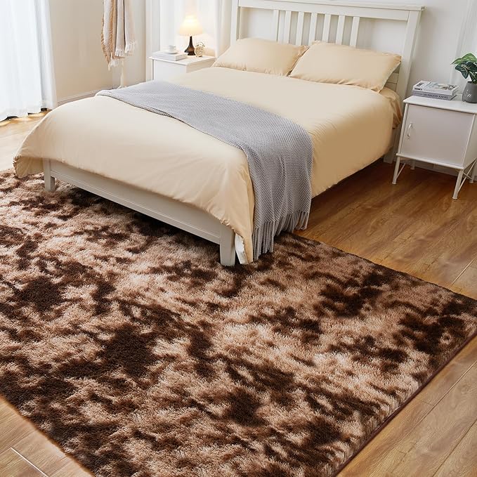 6x9 Area Rugs for Living Room, Fluffy Shaggy Bedroom Rug Indoor Carpet, Anti-Skid Soft High Pile Rug for Nursery, Kids Room, Bedside, Home Decoration, Tie-Dyed Brown-CubbioJoy
