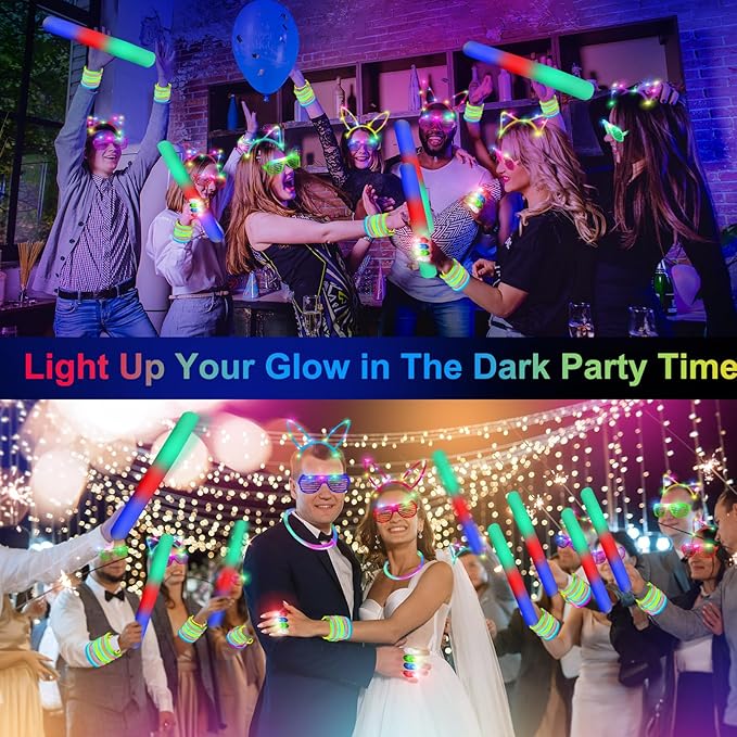 282 PCS Glow in the Dark Party Supplies, 18 Foam Sticks, 18 LED Glasses, 200 Glow Sticks, 30 Finger Lights, 8 Bunny Ear Headband and 8 LED Cat Ear Headband for Wedding,Birthday,Concert,New Year-CubbioJoy
