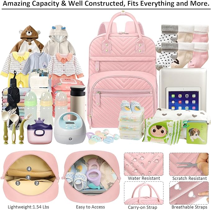 Diaper Bag Backpack Tote for Women Large Capacity, Baby Bag with Insulated Pockets Multifunctional Diaper Bags For Baby Girl Boy Waterproof Baby Bags For Boys Girls Maternity Bag Baby Pink-CubbioJoy