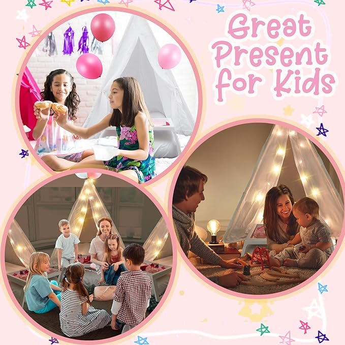 8 Pack Sleepover Tent for Girls Party,Teepee Tent for Kids Slumber Party Bulk with Light String,Air Mattress,Fitted Sheet,Washable Natural Cotton Toddler Teepee Indoor Outdoor(White)-CubbioJoy