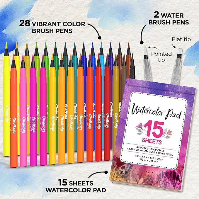 Chalkola Watercolor Brush Pens for Lettering, Coloring, Calligraphy - Set of 28 Watercolor Pens, 15 Painting Pad & 2 Water Color Markers - Drawing Art Supplies for Kids, Adults, Professional Artist-CubbioJoy