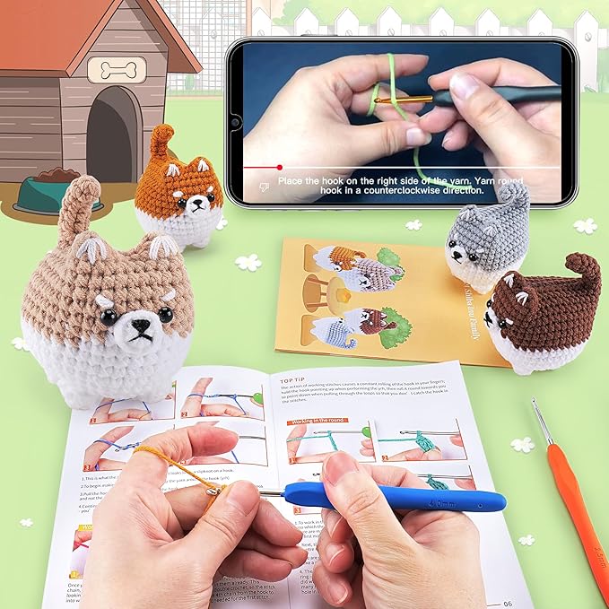 Crochet Kit for Beginners- 4 PCS Fat Shiba Inu Crochet Kits for Adults, 4PCS Corgi Dog Crochet Animal Kit with Step-by-Step Video Tutorials, Yarn, Crochet Hook, Instructions DIY Knitting Kit-CubbioJoy