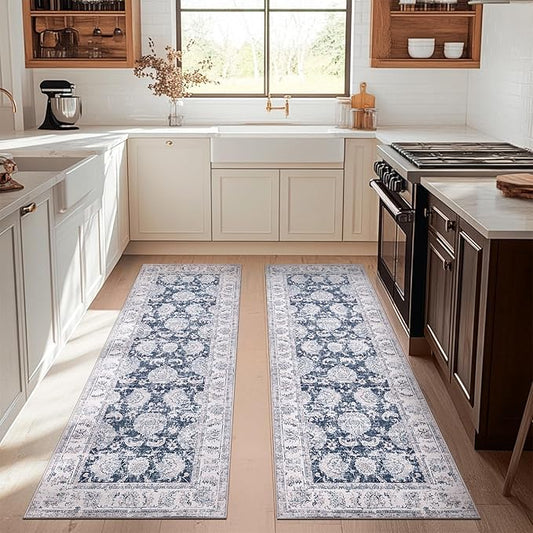 jinchan Runner Rug 3x8-2pcs Kitchen Washable Vintage Hallway Rug Floral Print Floor Cover Indoor Thin Retro Mat Accent for Bathroom Laundry Room Bedroom Office Farmhouse (Double,Dark Blue)-CubbioJoy