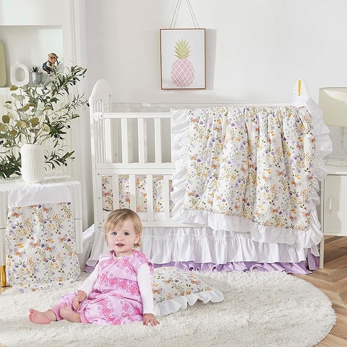 Brandream Wildflower Butterfly Crib Bedding Sets for Girls Nursery Set 3-Piece Farmhouse Quilt Comforter Set, Baby or Toddler Fitted Sheet, Double Crib Skirt, Cotton-CubbioJoy