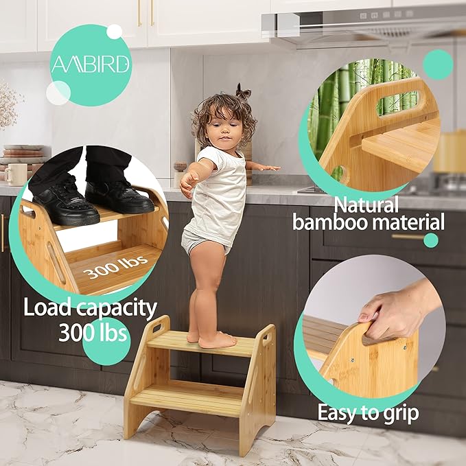 AMBIRD Wooden Step Stool, Two Step Stools Toddler 300 lbs Capacity with Safety Non-Slip Pads and Handles, Bamboo Step Stool for Bathroom, Kitchen Dual Height Step Stools for Kids (Natural)-CubbioJoy