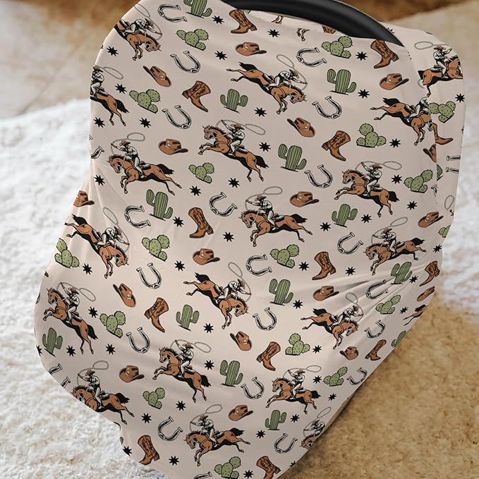Country Western Car Seat Cover for Baby Cowboy Hat Boots Horse Cactus Stretchy 5-in-1 Covers Adjustable Car Canopy Breastfeeding Cover Wild West Desert Breathable Nursing Cover-Up-CubbioJoy