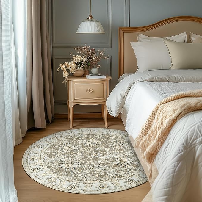 jinchan Round Rug 4ft Area Rugs Vintage Floral Distressed Design - Machine Washable Non-Slip Low-Pile Ultra-Thin Circle Rug for Entryway Bedside Living Room Dining Room Bedroom (4' Round,Taupe)-CubbioJoy