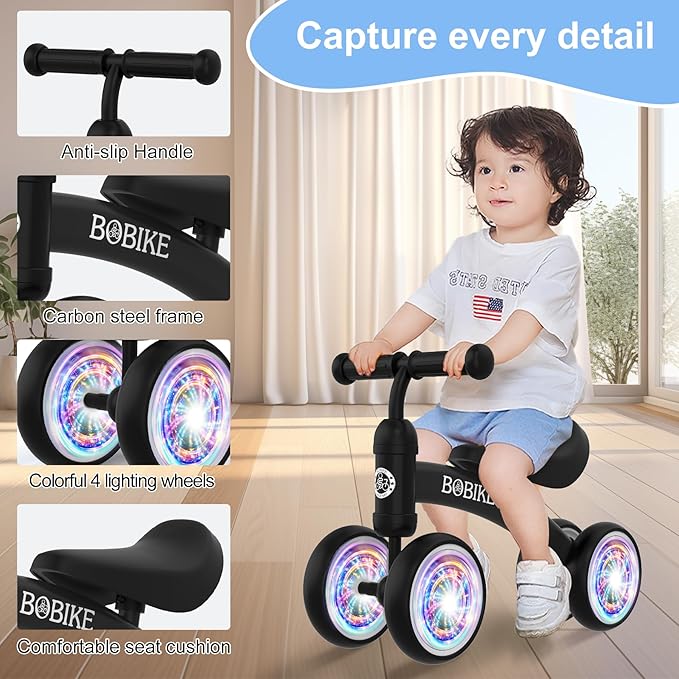 Baby Balance Bike Toys for 12-36 Months Kids Toy Boy and Girls Gifts Toddler Best First Birthday Gift Children Walker No Pedal Infant 4 Wheels Bicycle (Colorful, Black-Light)-CubbioJoy