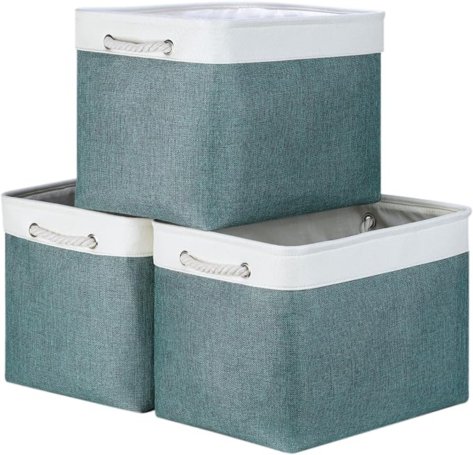Bidtakay Large Storage Baskets for Shelves 3 Pack Fabric Storage Bins for Organizing Linen Collapsible Organizer for Closet-Deep Green-CubbioJoy