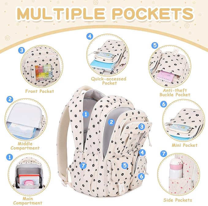 Corduroy Backpack Kids Backpack for Girls School Bags for Middle School Students Book Bag for Elementary Primary Kawaii Ita Backpack, Flower-CubbioJoy