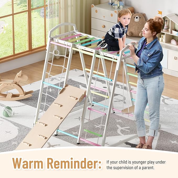 JAXPETY 9-in-1 Indoor Playground, Indoor Jungle Gym for Kids, Toddler Montessori Climbing Gym, Inside Play Gym with Slide, Swing, Monkey Bar, Ladder, Rings-CubbioJoy