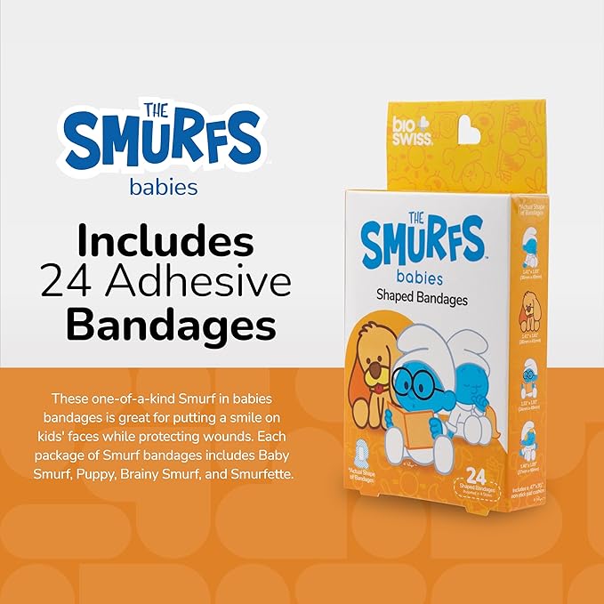 BioSwiss Bandages, The Smurfs Baby Smurf Shaped Self Adhesive Bandage, Latex Free Sterile Wound Care, Fun First Aid Kit Supplies for Kids and Adults, 24 Count Box-CubbioJoy