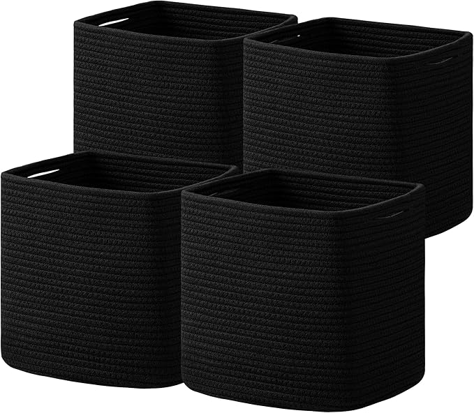 joybest Cube Storage Bins Set of 4, 13inch Cube Baskets Organizer for Nursery, Square Cotton Rope Baskets for Shelves Organizing, Kids Toy, Closet Storage, Black-CubbioJoy