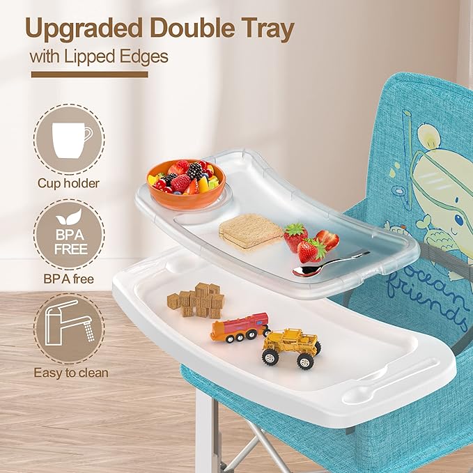 Baby Travel Booster Seat with Double Tray, BabyBond Upgraded Toddler Portable Baby Chair, Booster Seat for Dining Table, Stable and Foldable Booster Baby Chair for Indoor/Outdoor (Blue Sea World)-CubbioJoy