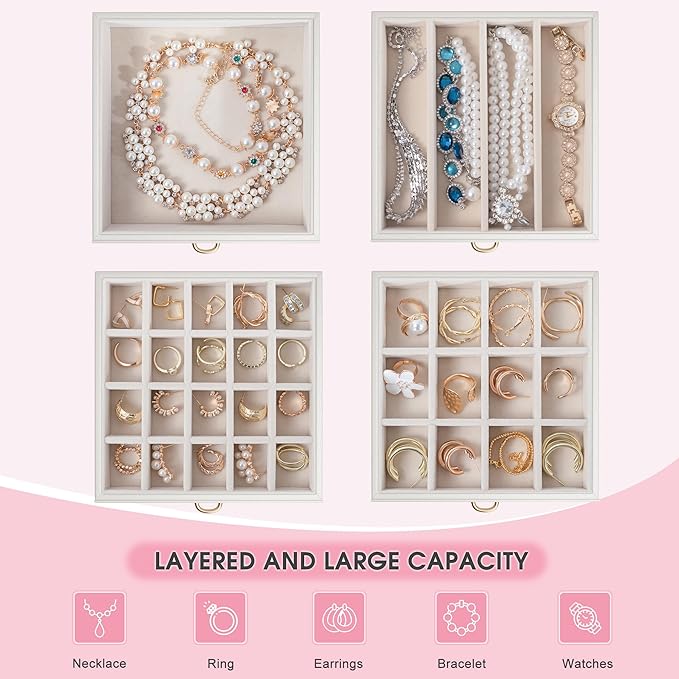 5-Layer Jewelry Box with 4 Drawers, Huge Portable Jewelry Organizer with Lock and Mirror for Women, for Necklace Ring Earring Bracelet Storage, Lockable Jewelry Case, White-CubbioJoy