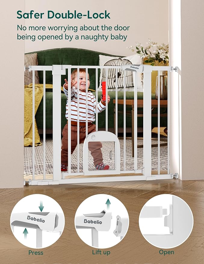 Babelio Baby Gate with Adjustable Cat Door,29-43" Auto Close Durable Pet door for Stairs,Doorways and House,Pressure Mounted,Easy Install,Effortless Walk Thru,White-CubbioJoy