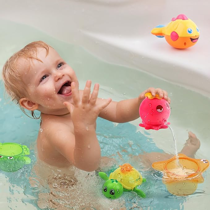iPlay, iLearn Baby Bath Toys w/ Organizer, Water Squirting Octopus, Wind Up Swimming Turtle, Bathtub & Shower, Stacking Cups, Gift for 6, 9, 12, 18 Months 1, 2, 3 Years, Toddlers, Girls, Boys & Kids-CubbioJoy