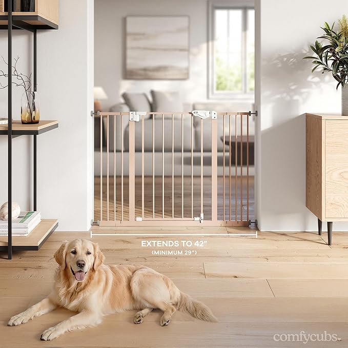 Comfy Cubs Baby Safety Gate with 3 Extensions - Adjustable 42" x 1.9" x 30" Q195 Steel Doorway Barrier - Powder-Coated Finish for Stairs and Doorways - Walk-Through Design Pet Gate - Blush-CubbioJoy