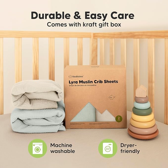 KeaBabies 2-Pack Muslin Crib Sheets for Boys, Girls - 100% Organic Cotton Fitted Baby Crib Mattress Sheet, Soft Breathable Standard Toddler Bed Cover Bedding Set, Neutral, Durable 52x28 (Willow)-CubbioJoy