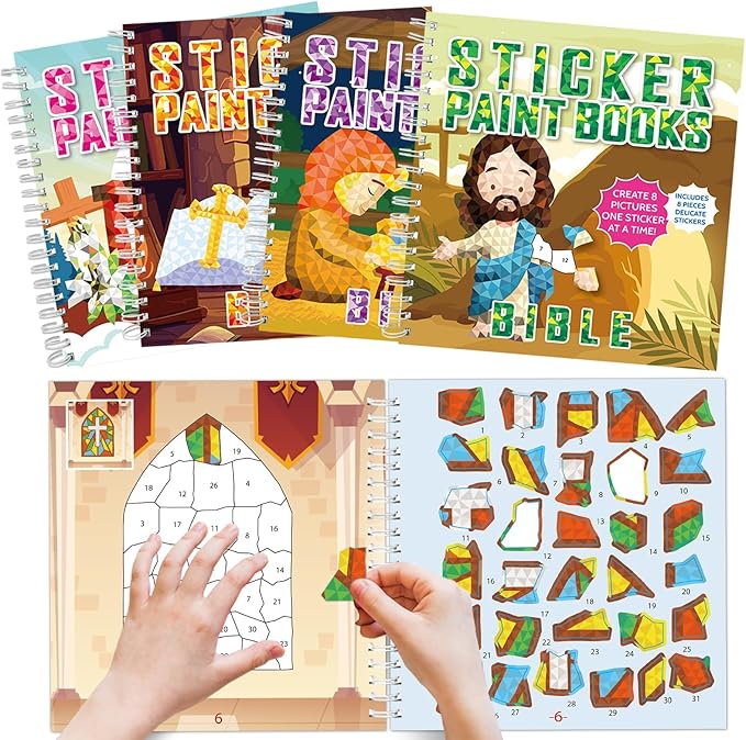 4Pcs Bible Paint by Sticker Books Sticker by Number Books Activity Book Stickers Puzzle Book Christian Craft Art Gift Set Party Favor with Jesus Bible Cross 32 Pictures-CubbioJoy