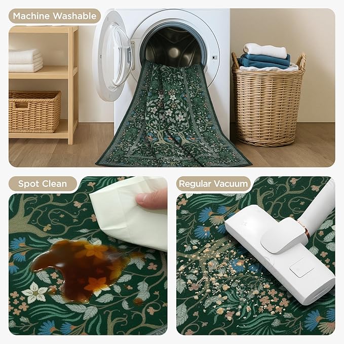 Joydeco Washable Runner Rug Non Slip, Floral Kitchen Carpet Runner 2x6, Soft Low-Pile Botanical Forest Indoor Floor Door Mat for Hallway Bathroom Entryway Laundry Room, Dark Green-CubbioJoy