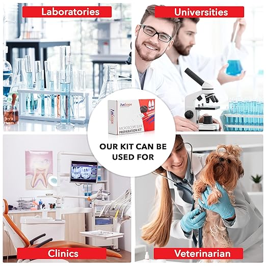AmScope Microscope Slide Preparation Kit - Includes Blank Microscope Slides, Eosin Red & Methylene Blue Stain Powders, Tweezers, Swab & More - 22-Piece Kit-CubbioJoy