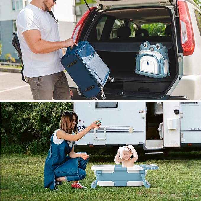 Collapsible Baby Bathtub for Newborns to Toddler with Real-time Temp Monitor & Floating Cushion,Portable Travel Tub for 0-36 Month, Foldable Baby Bath Tub for Infants Boy (Light Blue)-CubbioJoy