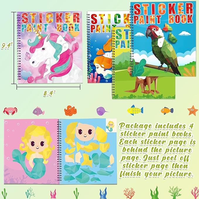 90shine 4PCS Sticker Books for Kids Ages 4-8 Sea-Maid Horned Horse Zoo Pet Themed Designs Party Gift Create 44 Pictures-CubbioJoy
