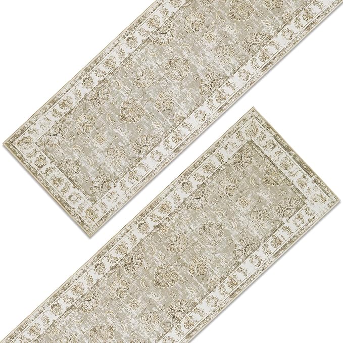 jinchan Runner Rug 3x10-2pcs Kitchen Washable Vintage Hallway Rug Floral Print Floor Cover Indoor Thin Retro Mat Accent for Bathroom Laundry Room Bedroom Office Farmhouse (Double,Taupe)-CubbioJoy
